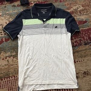 Banana Republic Navy, Light Green, Gray and White Striped Polo